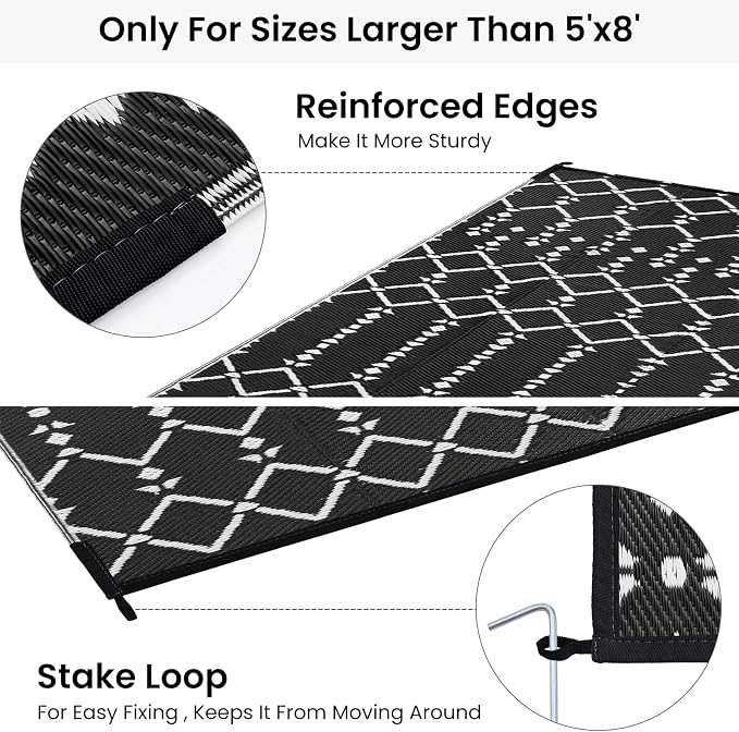 Smiry Outdoor Rug 6x9 ft Waterproof Reversible Boho Mat, Black | Polypropylene Plastic Straw, Quick Drying, Lightweight Foldable, for Patio, Deck, RV Camping, Backyard and Indoor Outdoor Use