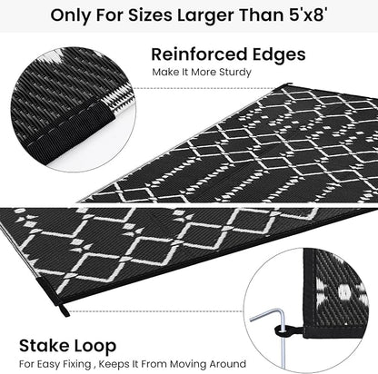 Smiry Outdoor Rug 6x9 ft Waterproof Reversible Boho Mat, Black | Polypropylene Plastic Straw, Quick Drying, Lightweight Foldable, for Patio, Deck, RV Camping, Backyard and Indoor Outdoor Use