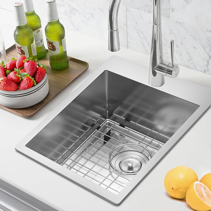 15x20 Inch Bar Sink Drop In Topmount, 18 Gauge Stainless Steel Single Bowl Small Kitchen & Wet Bar Prep Sink, 9 Inch Deep with Bottom Grid & Drain Assembly