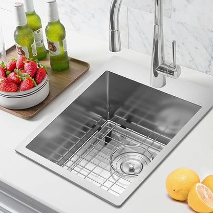 15x20 Inch Bar Sink Drop In Topmount, 18 Gauge Stainless Steel Single Bowl Small Kitchen & Wet Bar Prep Sink, 9 Inch Deep with Bottom Grid & Drain Assembly