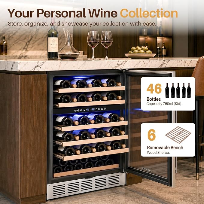 24 Inch Wine Fridge Dual Zone Wine Cooler Holds 46 Bottles, Temperature Control, Built-In or Freestanding Under Counter Wine Refrigerator with Glass Door for Kitchen, Home Bar