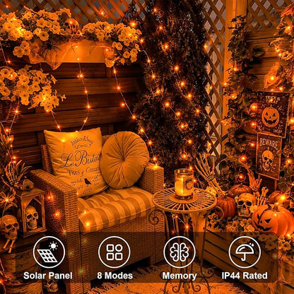 QITONG Solar Halloween Fairy Lights, 2 Pack Each 66ft 200 LED Orange Fairy Lights Outdoor with 8 Modes, Silver Wire Christmas Lights for Fall Thanksgiving Decor