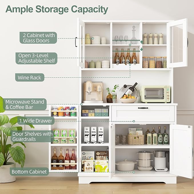 Shintenchi Kitchen Pantry Storage Cabinet, Freestanding Buffet Cabinet with Microwave Stand & 3 Door Shelves, Kitchen Hutch with Doors, Adjustable Shelves and Wine Rack, White
