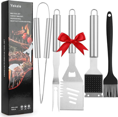 Yekale BBQ Grill Accessories Set, Grill Tools Grilling Accessories Grilling Gifts for Men - Spatula, Fork, Brush, Tongs & Cleaning Brush - Outdoor Barbecue Utensils Gifts for Men Dad Him (Sliver)