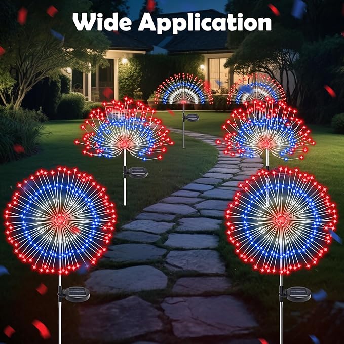 4th of July Decorations Solar Fireworks Lights for Outside, 2 Pack 180LED Red White Blue Solar Lights Outdoor with 8 Mode, Firework Patriotic Light for 4th of July Memorial Day Party Decoration