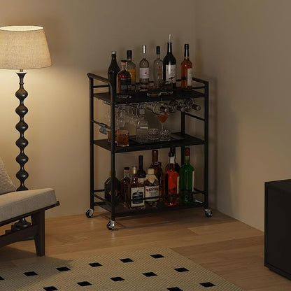 3 Tier Bar Cart, Small Beverage Cart, Mini Bar Cart with Wine Rack, Home Bar Serving Cart with Wheels for Kitchen Dining Living Room (Black, General) GBC507B