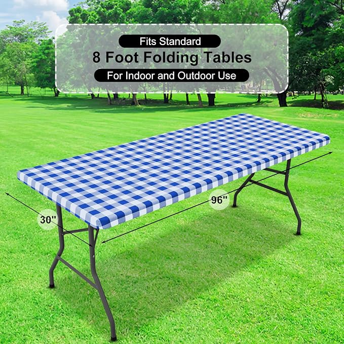 Buffalo Rectangle Picnic Tablecloth, 8 Foot Elastic Fitted Vinyl Table Cloth with Flannel Backing, Waterproof Plaid Table Covers for Dining, Camping, Outdoor (Blue and White, 30" x 96")