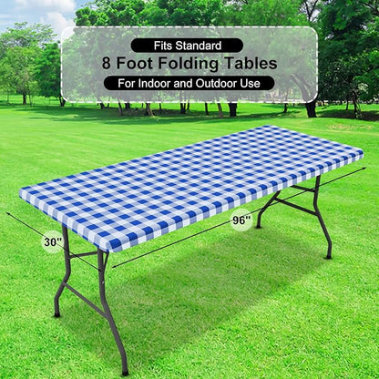 Buffalo Rectangle Picnic Tablecloth, 8 Foot Elastic Fitted Vinyl Table Cloth with Flannel Backing, Waterproof Plaid Table Covers for Dining, Camping, Outdoor (Blue and White, 30" x 96")