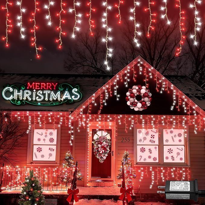 YEGUO 66ft 800 LED Red and White Icicle Lights Outdoor Waterproof, 160 Drops Icicle String Lights Connectable, 8 Modes Icicle Christmas Lights with Memory Timer