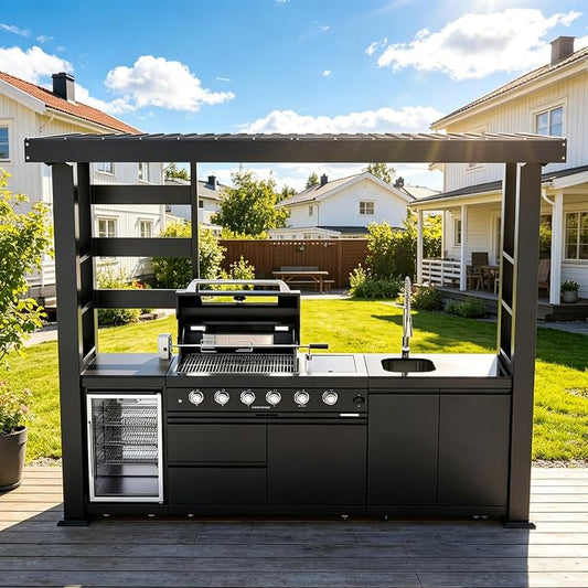 110" Outdoor Kitchen Island with 4-Burner 72000 BTU,Heavy-Duty Natural Gas Grill with Side Burner,Rotisserie Oven,Galvanized Steel Roof,Granite Countertops,Refrigerator,Storage,Sink.(Natural Gas)