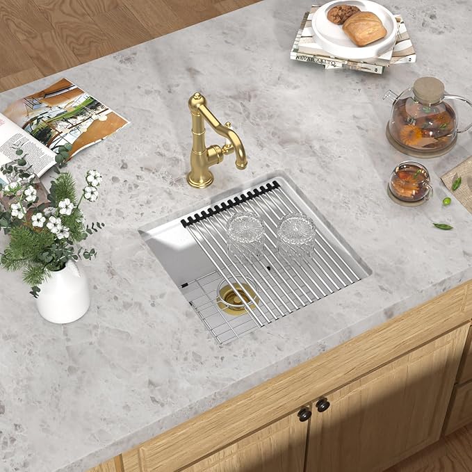 18x18 Inch Undermount Bar Sink Workstation - White Granite Composite All-In One Single Bowl Classic Quartz Wet Prep Sink with Cutting Board for Kitchen Bar, RV, Boat, and Outdoor #TLGU-131