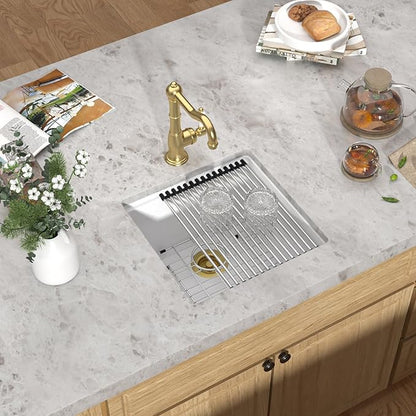 18x18 Inch Undermount Bar Sink Workstation - White Granite Composite All-In One Single Bowl Classic Quartz Wet Prep Sink with Cutting Board for Kitchen Bar, RV, Boat, and Outdoor #TLGU-131