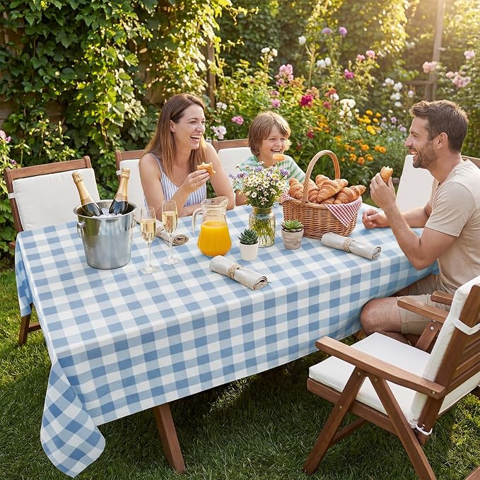 Softalker Gingham Checkered Tablecloth Rectangle - Outdoor Waterproof Buffalo Plaid Table Cloth, Stain Resistant Washable Table Cover for Picnic, Camping, Dining - Light Blue and White, 60 x 84 Inch