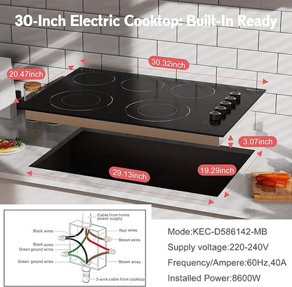 30 Inch Electric Cooktop 5 Burner Karienvir, 8600W Built-in Electric Stove Top, Cooktop 30" with Double-ring Burner, Knob & Touch Control, 9 Power Levels, Timer, Safety Lock, 220V-240V Hard Wire