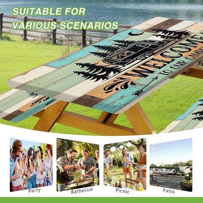 JAWO Welcome to Our Camper Rustic Wood RV Picnic Table Cover with Bench Covers, Camper RV Essentials Gear Supplies Outdoor Waterproof Windproof Tablecloth with Elastic, 30X60in