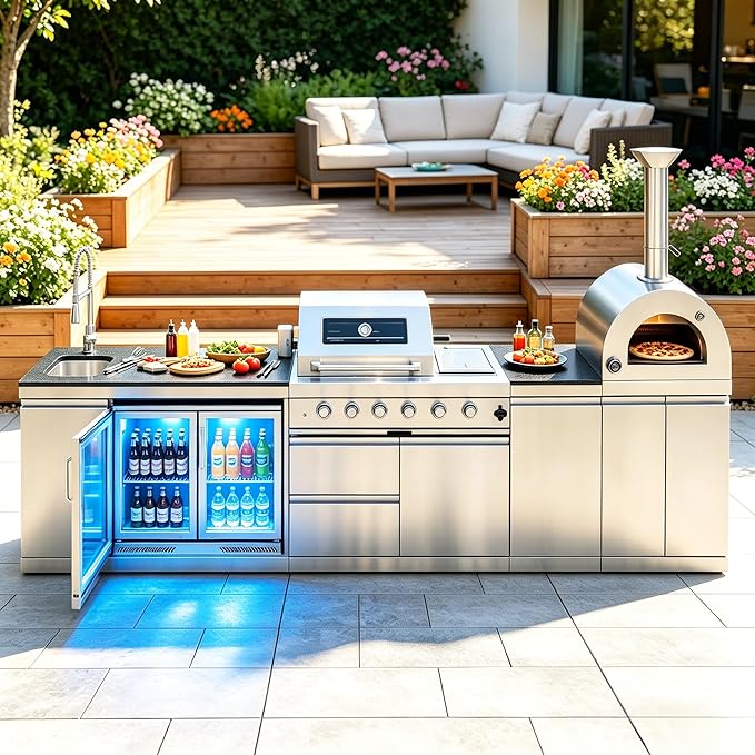 108,000 BTU Modular Outdoor Kitchen,150" Stainless Steel Natural Gas Grill with Built-In Pizza Oven,Side Burner,Rotisserie,Double Door Refrigerator,Granite Countertop,Storage Drawers & Cabinets.
