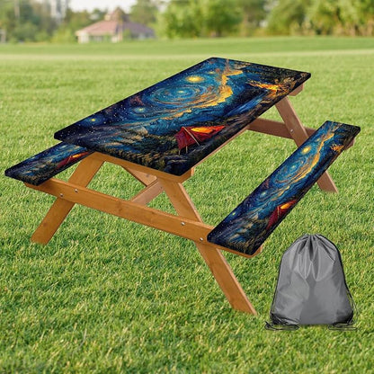 Picnic Table Cover with Bench Covers Elastic Edges, Blue Starry Night Camping Table Cover, Waterproof Windproof Fitted, for Outdoor Camping Patio Backyard Gatherings, Drawstring Bag, 96 Inch 3PCS