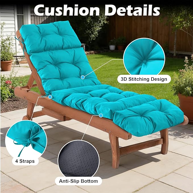 Chaise Lounge Cushions Outdoor, Waterproof & Fade Resistant Patio Lounge Chair Cushions for Outdoor Furniture, Chaise Cushion with Ties for Patio, Pool, Lawn and Beach, 75.1x22.8x4.7 Inch, Teal