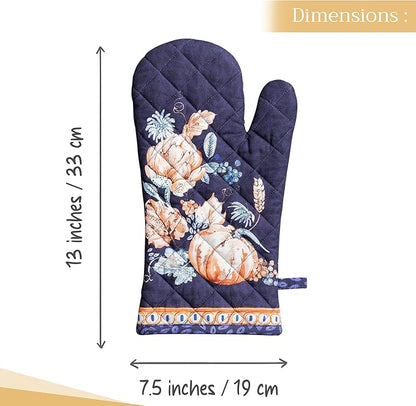 Maison d' Hermine Oven Gloves 100% Cotton Oven Mitt 7" x 13" with Loop Heat Resistant BBQ Cooking Gloves for Thanksgiving Christmas Decorations Baking Handling Hot Pans (Pack of 1, Pumpkin Blues)