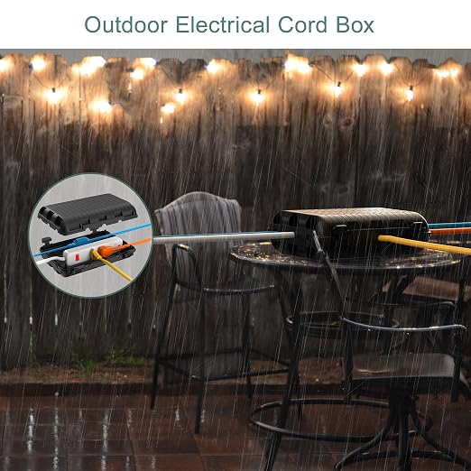 Outdoor Electrical Box(9.05x6.61x2.67inch), IP54 Waterproof Extension Cord Cover 9 Cable Entry Ports Connection Hider Box Safety Protector, Protect Plug, Holiday Light, Timer,and Power Strip, Black