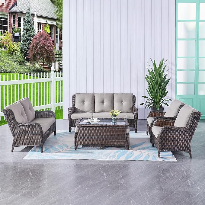 Rilyson Luxury Patio Outdoor Wicker Loveseat, 500 Lbs Weight Capacity Rattan Outdoor 2 seat Sofa Wicker with Deep Seating and Replaceable Cushions for Outside Porch Deck Balcony (Brown/Grey)