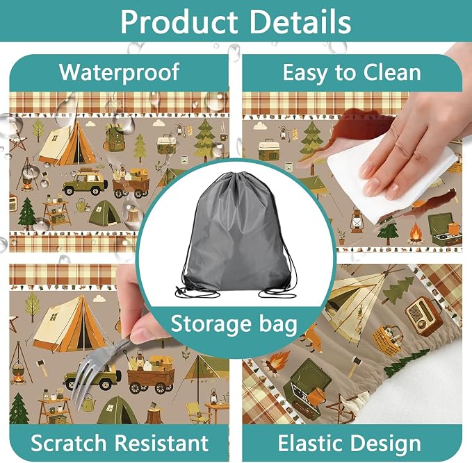 Fitted Picnic Table Cover with Bench Covers & Drawstring Bag, Camping Theme Waterproof Windproof Tablecloth, Elastic Edges Rectangle Table Cover for Outdoor Garden, 3PCS 30x60 Inch