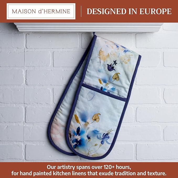 Maison d' Hermine Double Oven Mitts 100% Cotton 7"x35" Double Oven Mitt Heat Resistant BBQ Cooking Gloves with Loop Baking Grilling Kitchen Hotel Home Farmhouse Spring Summer (Lazy Summer Days)
