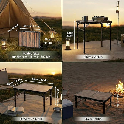 Small Folding Camping Table, 2ft Portable Picnic Table Aluminum 24" x 16" Folding Table, 3 Adjustable Heights Portable Lightweight Table Dining Table for RV, Picnic, Beach (Wood Grain)