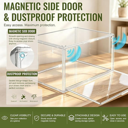 5 Pack Acrylic Shoe Boxes,Stackable Organizer for Everyday Footwear | Fits size 14 sneakers, casual shoes and athletic footwear. Clear acrylic design with magnetic door & dustproof storage