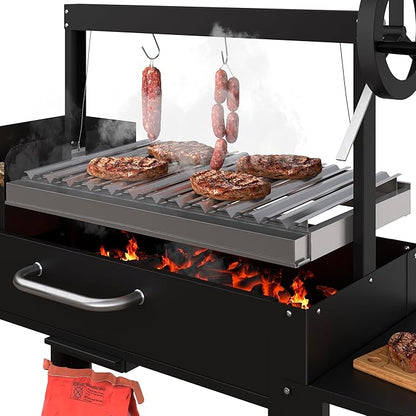 KoolMore 54 in. Charcoal BBQ Grill, Santa Maria Argentine Outdoor Grill with Interchangeable V Grates, Large Barbecue Grill for Outdoor Cooking, Black