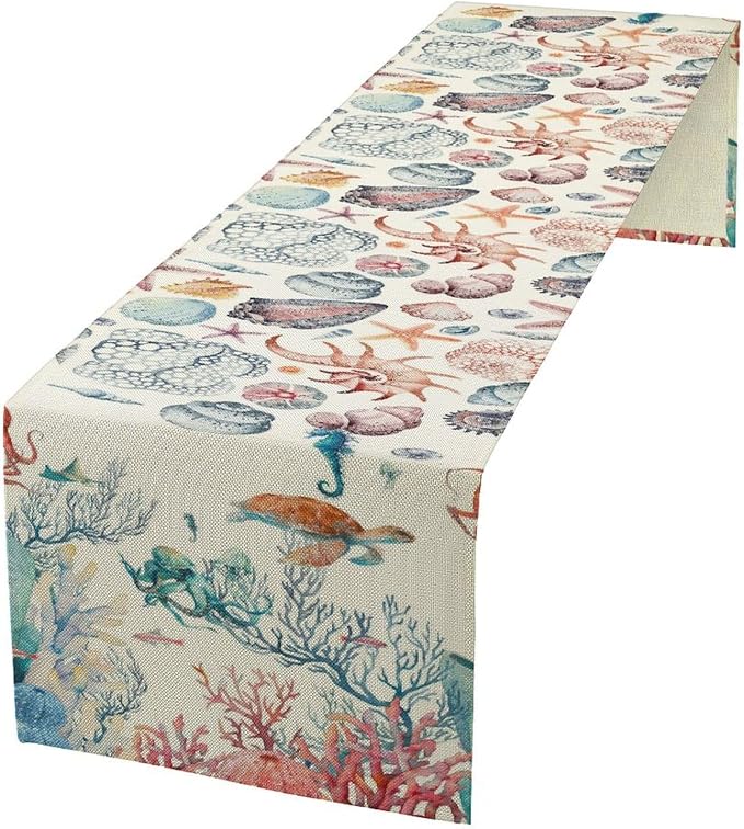 Sea Turtle Table Runner, Nautical Coast Underwater Sea Animal Theme Fishing Table Cloth for Home Kitchen Dining Table Decoration Party 13x108 Inch