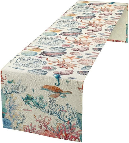 Sea Turtle Table Runner, Nautical Coast Underwater Sea Animal Theme Fishing Table Cloth for Home Kitchen Dining Table Decoration Party 13x108 Inch