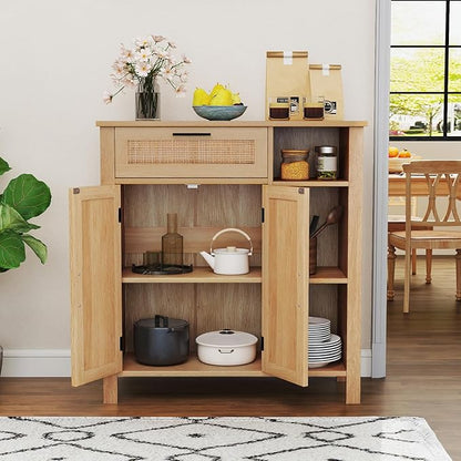 Giantex Buffet Cabinet with Storage, Boho Rattan Sideboard with 2 Doors, Drawer, 3 Open Cubbies, Adjustable Shelf, Freestanding Accent Cabinet for Kitchen,Living Room, Natural