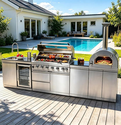 128" Outdoor Kitchen Island,Stainless Steel Natural Gas BBQ Grill with Pizza Oven, Rotisserie, Refrigerator, Granite Countertop, Storage Cabinets & Drawers 120,000 BTU.