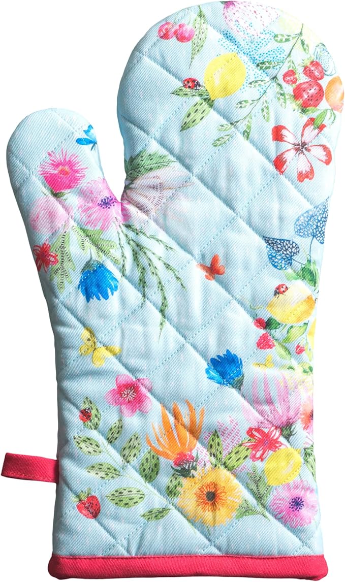 Maison d'Hermine Oven Gloves 100% Cotton Oven Mitt 7" x 13" with Loop Heat Resistant BBQ Cooking Gloves Baking Grilling Kitchen Hotel Home Farmhouse Spring Summer (Pack of 1, Jardin D'Ete - Mint)