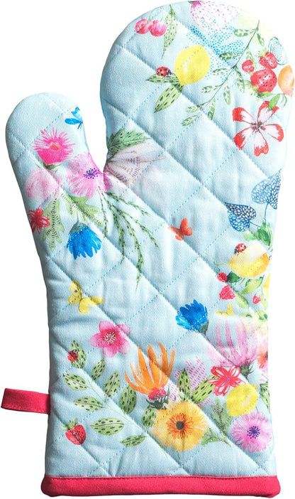 Maison d'Hermine Oven Gloves 100% Cotton Oven Mitt 7" x 13" with Loop Heat Resistant BBQ Cooking Gloves Baking Grilling Kitchen Hotel Home Farmhouse Spring Summer (Pack of 1, Jardin D'Ete - Mint)