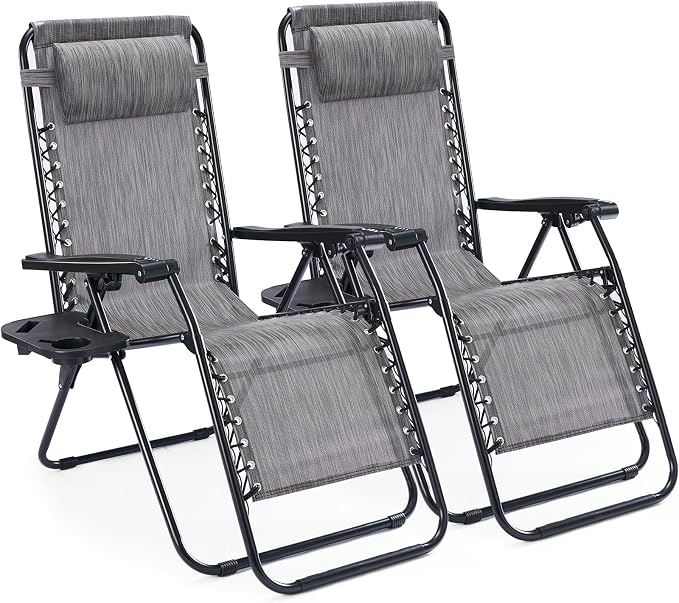 NEWBULIG Zero Gravity Chairs Set of 2, Folding Lounge Chair, Grey | Portable Lawn Camping Recliner with Adjustable Pollow, Mesh Back, Cup Holder Trays for Pool Beach Patio