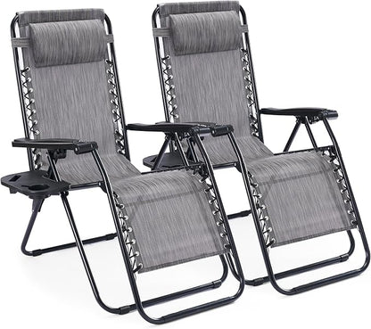 NEWBULIG Zero Gravity Chairs Set of 2, Folding Lounge Chair, Grey | Portable Lawn Camping Recliner with Adjustable Pollow, Mesh Back, Cup Holder Trays for Pool Beach Patio
