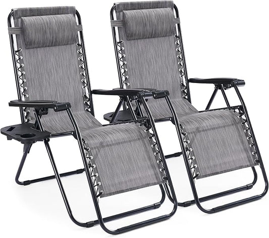 NEWBULIG Zero Gravity Chairs Set of 2, Folding Lounge Chair, Grey | Portable Lawn Camping Recliner with Adjustable Pollow, Mesh Back, Cup Holder Trays for Pool Beach Patio