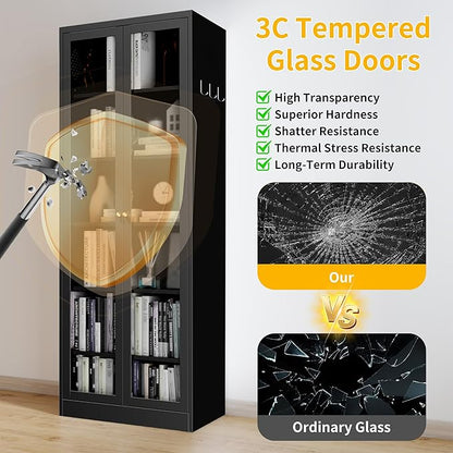 Kitchen Pantry Cabinet, 72" Tall Pantry Storage Cabinet with Adjustable Shelves and Glass Doors, Metal Storage Cabinets with Handle for Living Room, Kitchen, Assemble Required (Black)