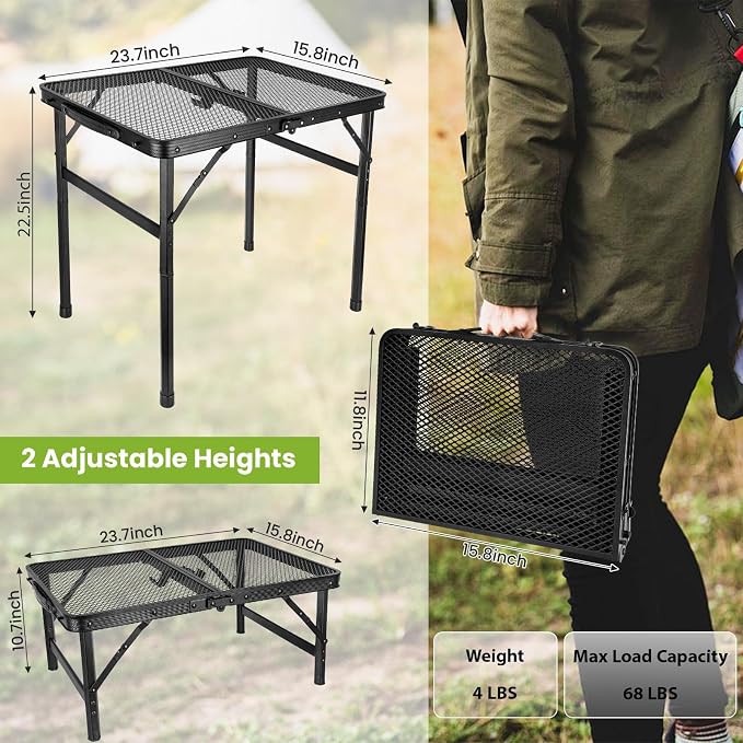 GDDGHS 2x1.3 FT Folding Camping Table Foldable Grill Table for Outdoor BBQ, Metal Portable Camping Grill Stand with Mesh Desktop, Adjustable Height Lightweight BBQ Tables Black