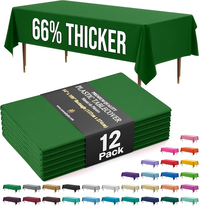 Exquisite 66% Thicker Premium Plastic Table Cloth Rectangle Table Cover 0.5 Mil 12 Pack Emerald Green Table Cloth 54 Inch x 108 Inch Disposable Tablecloth Won't Tear Easily Like Cheap Thin Brands