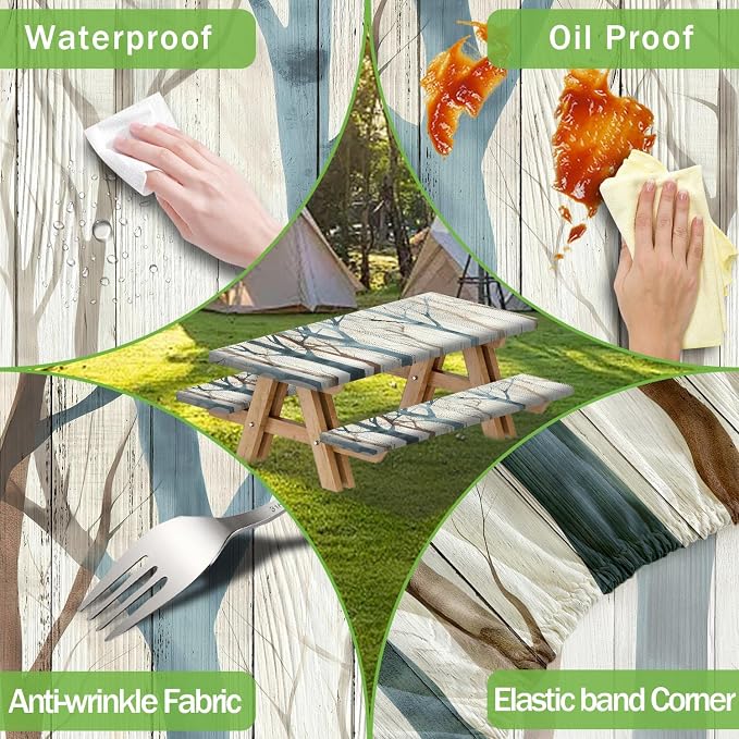 JAWO Picnic Table Cover with Bench Covers, Forest Camping RV Essentials Gear Supplies Outdoor Waterproof Windproof Tablecloth with Elastic, 72in