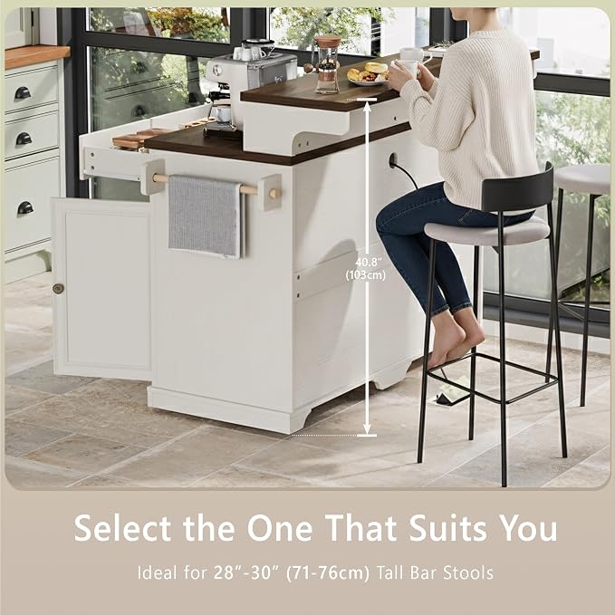 Merax 53.2" Two-Tier Kitchen Island with Storage, Farmhouse Kitchen Island with Power Outlet, 4 Door Shelves, Adjustable Shelves, 3 Drawers, Rolling Island Table, Bar Cabinet for Kitchen, Rustic White