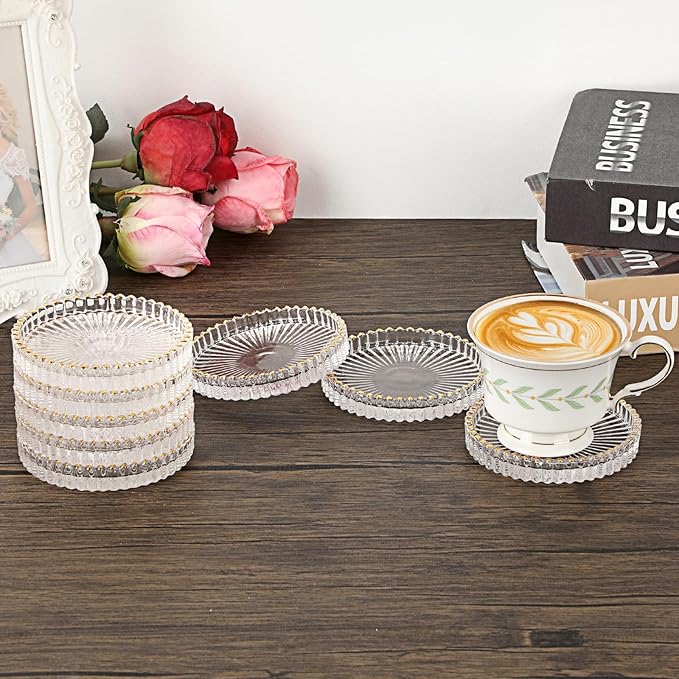 Modern Clear Coaster Set of 8 Glass Coasters for Drinks, Crystal Coasters Round Cup Mat Coffee Table Decor for Office, Kitchen, Bar, Dining Room, Living Room, Patio (Clear with Gold Rim)