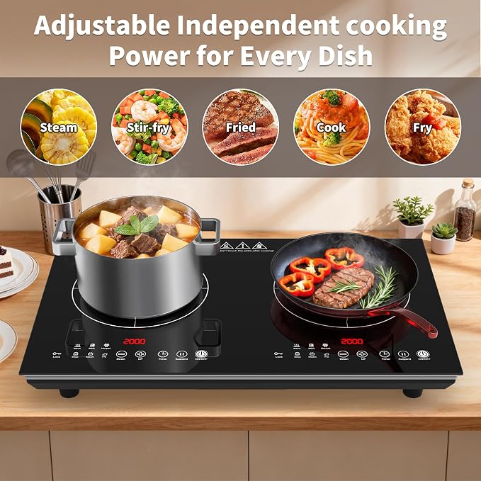 VBGK 2 burner induction cooktop,110V 4000W 2 burner induction plate with Brushed Panel LED touch Control, induction stove top with 10 Power Levels, Kids Lock & 4H Timer