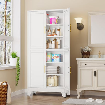 GAIOUS 75.2" Tall Metal Pantry Cabinet, Kitchen Pantry Storage Cabinets with 4 Door and 4 Adjustable Shelves, White Storage Cabinet, Freestanding Cupboard for Kitchen Dining Room Living Room Bathroom
