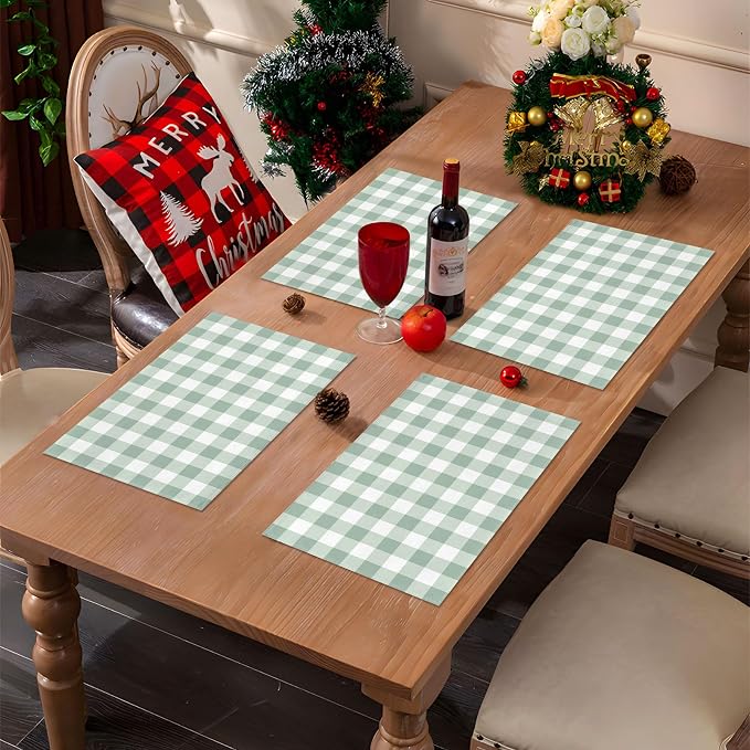 Sage Green Gingham Party Placemats Green and White Checkered Plaid Table Mats for Birthday Bridal Baby Shower Party Dining Table Decorations (12" x 18")