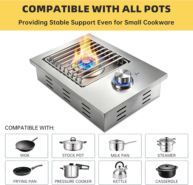 Built-In Single Side Burner for Outdoor Grill with Cover, LED Control Knob | Heavy-Duty 304 Stainless Steel Drop-In Side Burner, 17,500 BTU Propane & Natural Gas Burner for BBQ Island Outdoor Kitchen