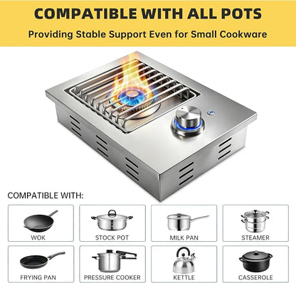 Built-In Single Side Burner for Outdoor Grill with Cover, LED Control Knob | Heavy-Duty 304 Stainless Steel Drop-In Side Burner, 17,500 BTU Natural Gas & Propane Burner for BBQ Island Outdoor Kitchen